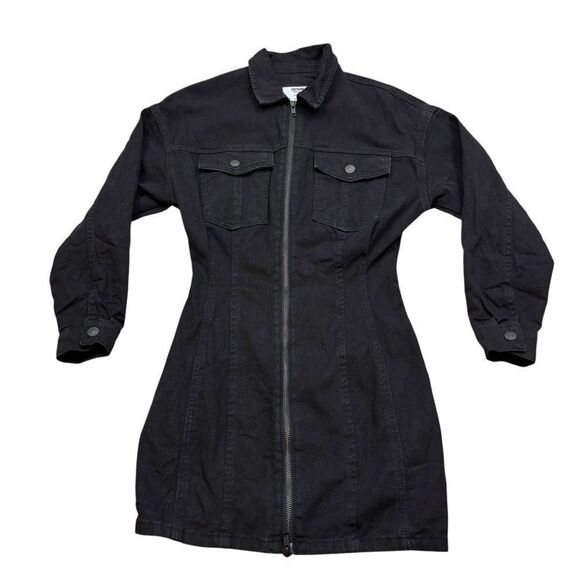 Ladies Bershka Black Drnim Long Sleeve Zip Front Mini Dress Size Small - Picture 1 of 11
